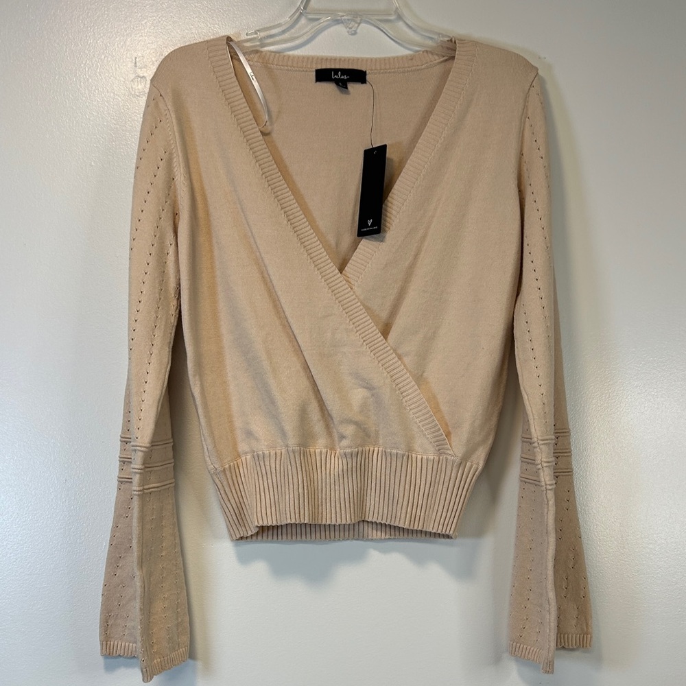 Lulus Everyday Daydream Beige Pointelle Knit Surplice Sweater Top Women’s Large